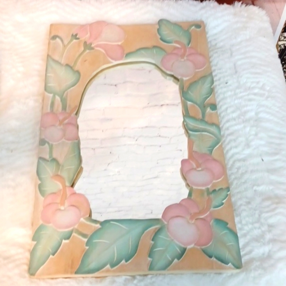Hand Carved Pink Flowers Wooden Mirror  11Wx18 L‎ NWT